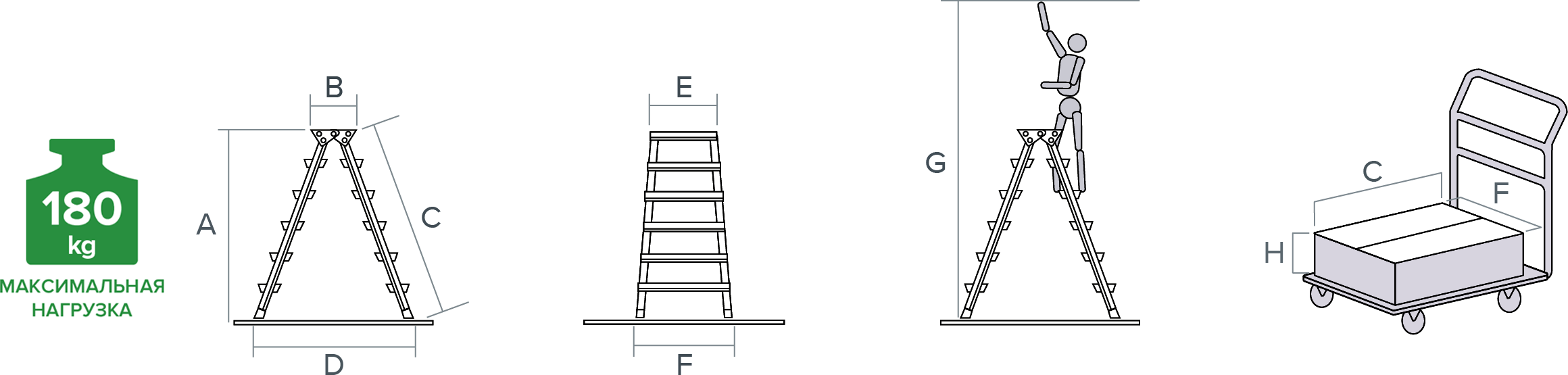 Схема: Стремянка двухсторонняя стальная с&nbsp;алюминиевыми ступенями и&nbsp;площадкой 350?260 мм&nbsp;NV2140