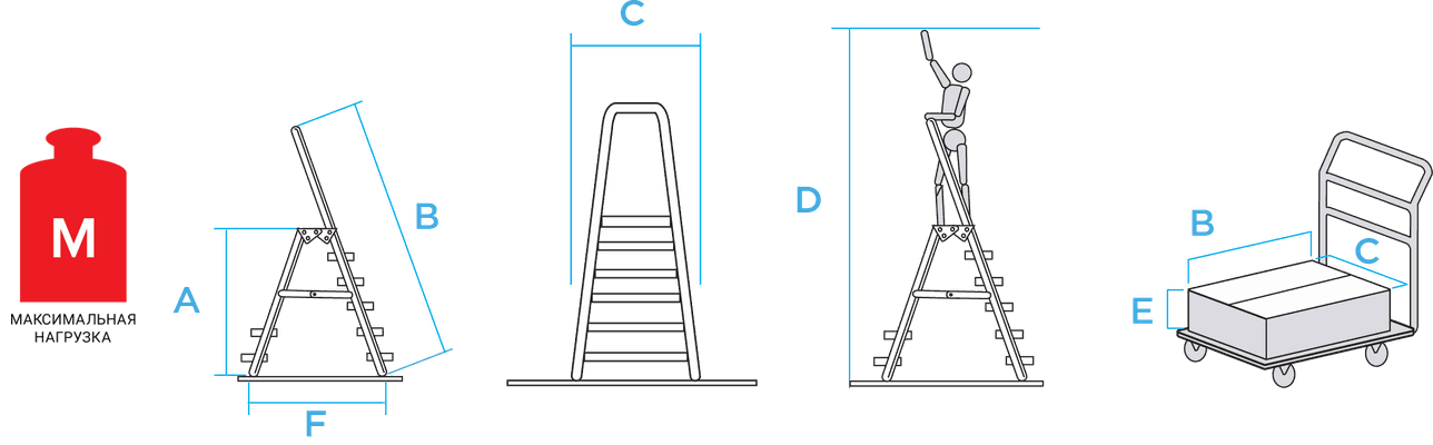 Схема: Профессиональная алюминиевая стремянка со&nbsp;ступенями 130 мм, складной площадкой 350x260 мм и дугой безопасности 800 мм NV3139