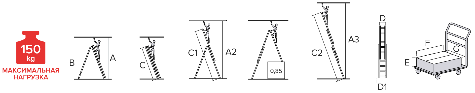 Схема: Профессиональная алюминиевая трехсекционная лестница NV3230