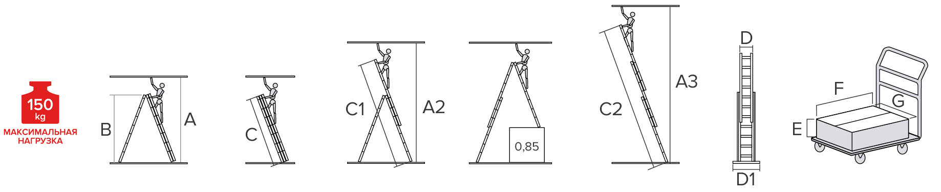 Схема: Профессиональная алюминиевая усиленная трёхсекционная лестница NV3231