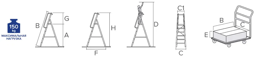 Схема: Индустриальная алюминиевая стремянка с&nbsp;развальцованными ступенями, площадкой 400x400 мм