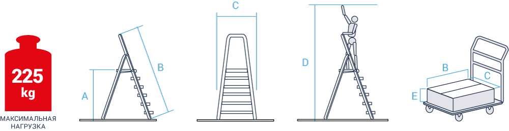 Схема: Профессиональная алюминиевая стремянка со ступенями 130 мм и металлическими стяжками NV 3119