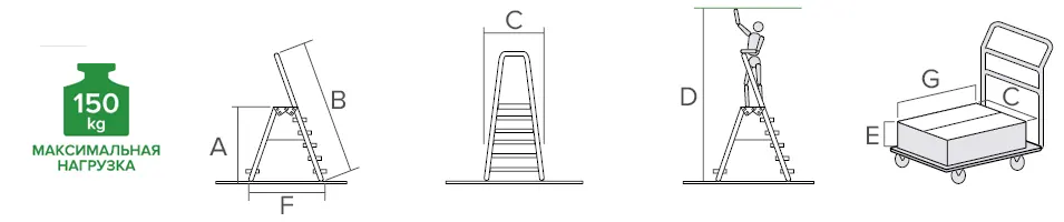 Схема: Стремянка стальная с алюминиевыми ступенями, площадкой 350x260 мм и дугой безопасности 800 м NV2136