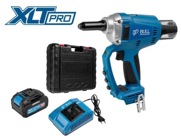 Аккумуляторный заклепочный пистолет BULL CRG 1018 в чем. XLTpro, БЕСЩЕТ., 25 мм, 10000 Н, 1х4 А*ч 