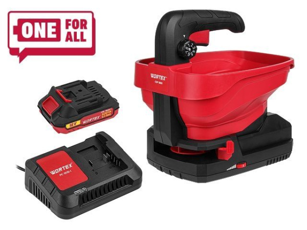 Аккумуляторный разбрасыватель WORTEX CSP 1805 в кор. ALL1 XLT SET в кор. 18 В, 1 АКБ 2 А.ч. + з/у шир. 5м