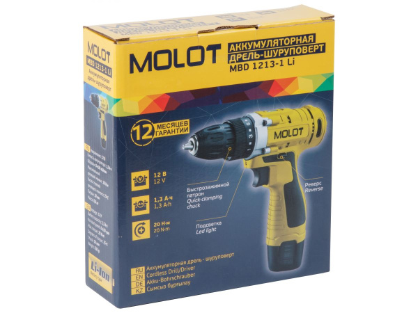 Аккум. дрель-шуруповерт MOLOT MBD 1213-1 Li в кор. (12.0 В, 1 акк., 1.3 А/ч Li-Ion, 1 скор., 20 Нм, шурупы до 6 мм)