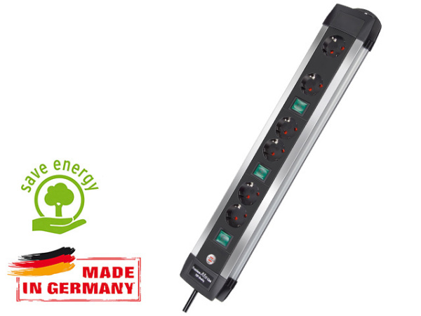 Удлинитель 3м (6 роз., 3.3кВт, с/з, 3 выкл., ПВС) Brennenstuhl Premium-Alu-Line Technics (провод 3х1,5мм2, сила тока 16А, с/з - с заземляющим контакто