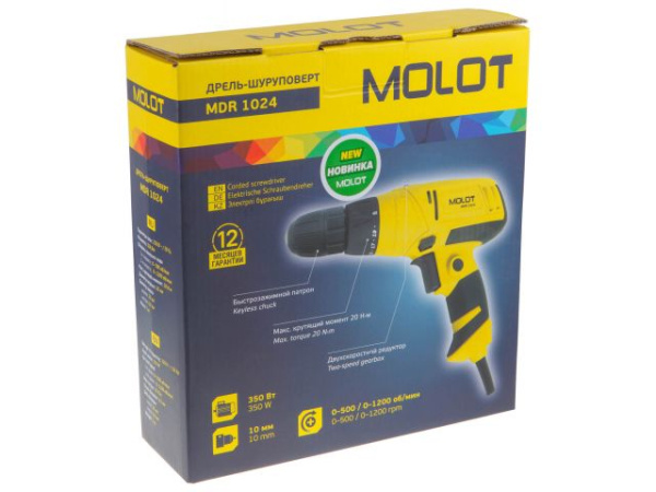 Дрель-шуруповерт MOLOT MDR 1024 в кор. (350 Вт, патрон БЗП, 20 Нм, шурупы до 6 мм)
