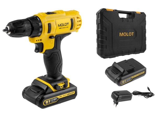 Аккум. дрель-шуруповерт MOLOT MBD 1815-1 DLi в чем. (18.0 В, 2 акк., 1.5 А/ч Li-Ion, 2 скор., 30 Нм, шурупы до 10 мм)
