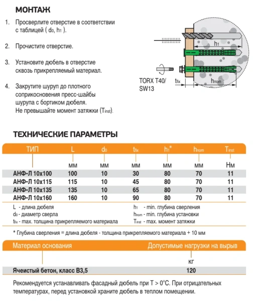 10х115 мм дюбель фасадный для лёгкого бетона АНФ-Л с шурупом