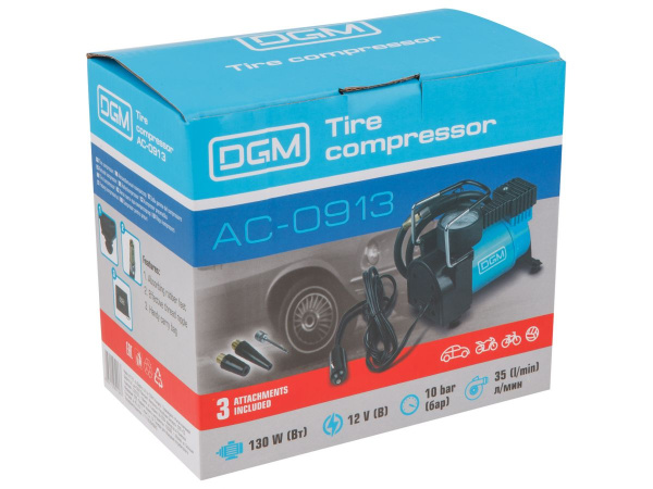 Компрессор автомобильный DGM AC-0913 (12 В, 130 Вт, 35 л/мин, 10 бар (манометр 7 бар), сумка)