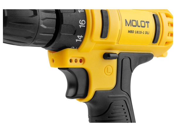 Аккум. дрель-шуруповерт MOLOT MBD 1815-1 DLi в чем. (18.0 В, 2 акк., 1.5 А/ч Li-Ion, 2 скор., 30 Нм, шурупы до 10 мм)