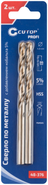 4,8x52/86 мм Набор сверл по металлу HSS-Co 5% (2шт.) Cutop Profi 48-376