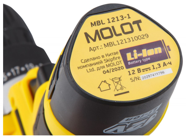 Аккум. дрель-шуруповерт MOLOT MBD 1213-1 Li в кор. (12.0 В, 1 акк., 1.3 А/ч Li-Ion, 1 скор., 20 Нм, шурупы до 6 мм)