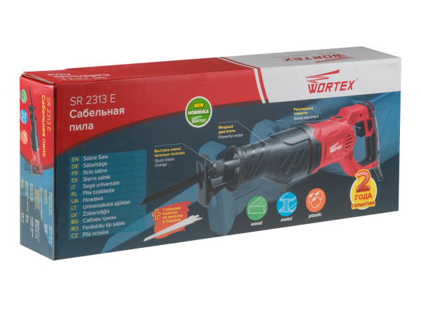 Сабельная пила WORTEX SR 2313 E в кор. + 2 пильных полотна (1100 Вт, ход пилки 28 мм, дерево до 230 мм, металл до 30 мм, пластик до 60 мм)