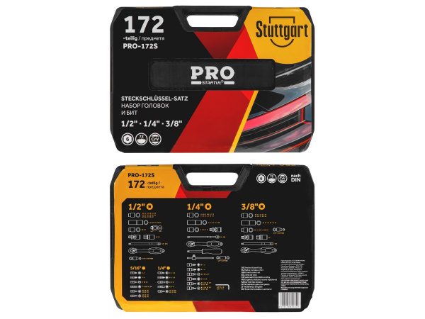 Набор головок и бит 172пр. 1/4",3/8",1/2" PRO STARTUL STUTTGART (PRO-172S) (6 граней)
