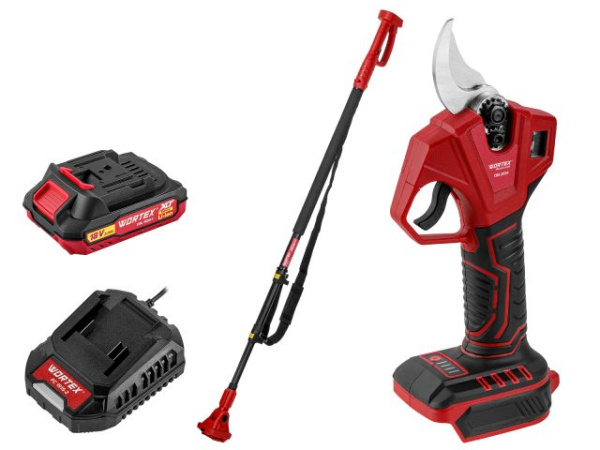 Аккум. секатор WORTEX CBS 2030 в кор. ALL1 SET, БЕСЩЕТ., 18 В, ветки до 28 мм + телескоп. штанга 