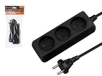 Удлинитель 1,5м (3 роз., 2,2кВт, б/з, ПВС 2х0,75) черный, Юпитер (ЮПИТЕР)