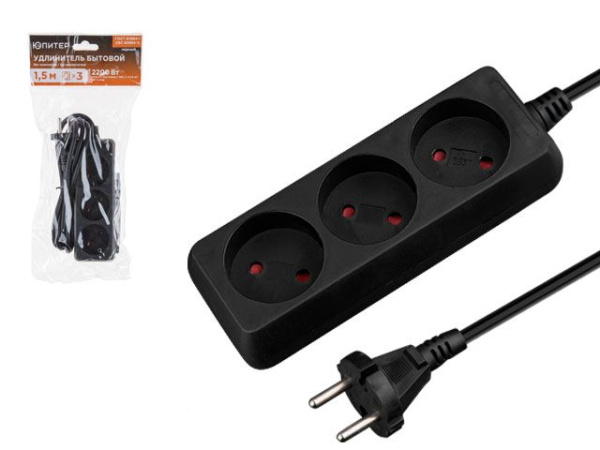 Удлинитель 1,5м (3 роз., 2,2кВт, б/з, ПВС 2х0,75) черный, Юпитер (ЮПИТЕР)