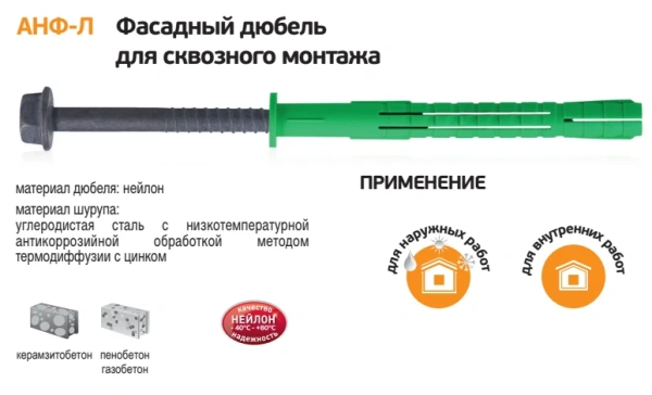 10х115 мм дюбель фасадный для лёгкого бетона АНФ-Л с шурупом