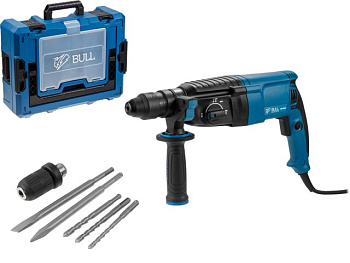 Перфоратор BULL BH 2602 в чем. Xcase 800 Вт, 3.0 Дж, 4 реж. + 2 зубила, 3 сверла, БЗП в комплекте 