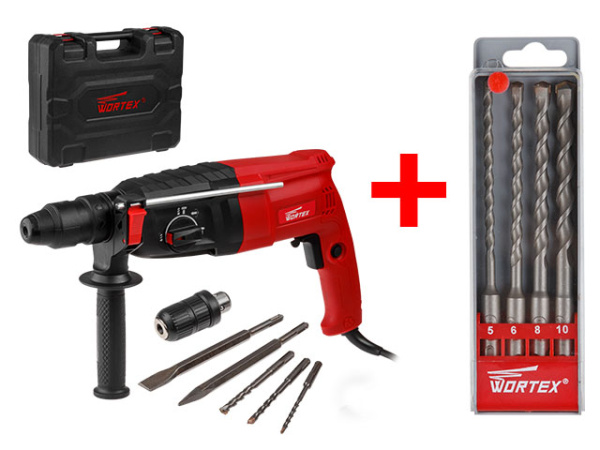 Перфоратор WORTEX RH 2829 в чем. + (2 зубила, 3 сверла) + АКЦИЯ (Набор буров в подарок) (900 Вт, 3.2 Дж, 3 реж., патрон SDS-plus, быстросъемн., БЗП в 