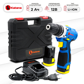 Аккумуляторная дрель-шуруповерт KATANA PROdrive 1220 (12В, 2 акк, 2,0 А/ч Li-ion, 2 ск, 19 Нм, кейс)